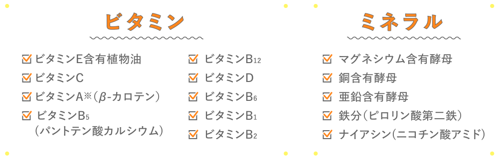 ビタミン
ビタミンE含有植物油、ビタミンC、ビタミンA※(β-カロテン)、 ビタミンB5(パントテン酸カルシウム)、ビタミンB12、ビタミンD、ビタミンB6、ビタミンB1、ビタミンB2
ミネラル
マグネシウム含有酵母、銅含有酵母、亜鉛含有酵母、鉄分(ピロリン酸第二鉄)、ナイアシン(ニコチン酸アミド)